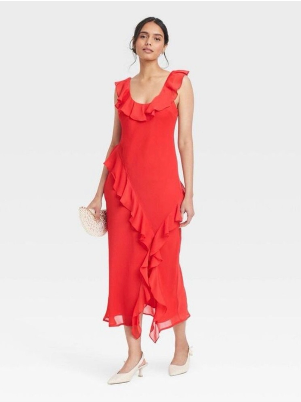 NEW Red Ruffle-Trim Midi Dress Size L - Picture 3 of 4